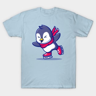 Cute Penguin Ice skating With Scarf Cartoon T-Shirt